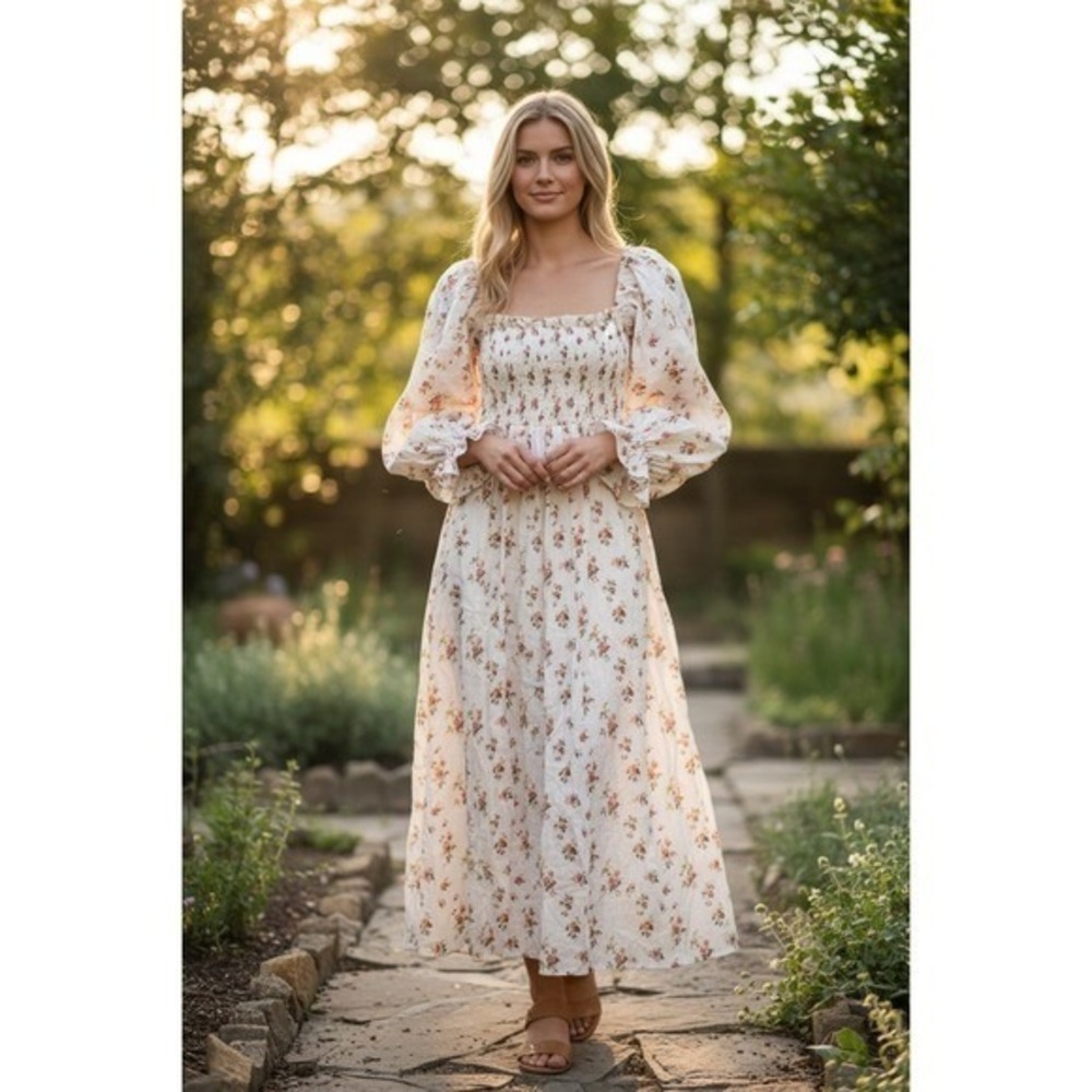 Petal & Pup Floral Linen Midi Dress Smocked Puff Sleeve Cream Pink US 6